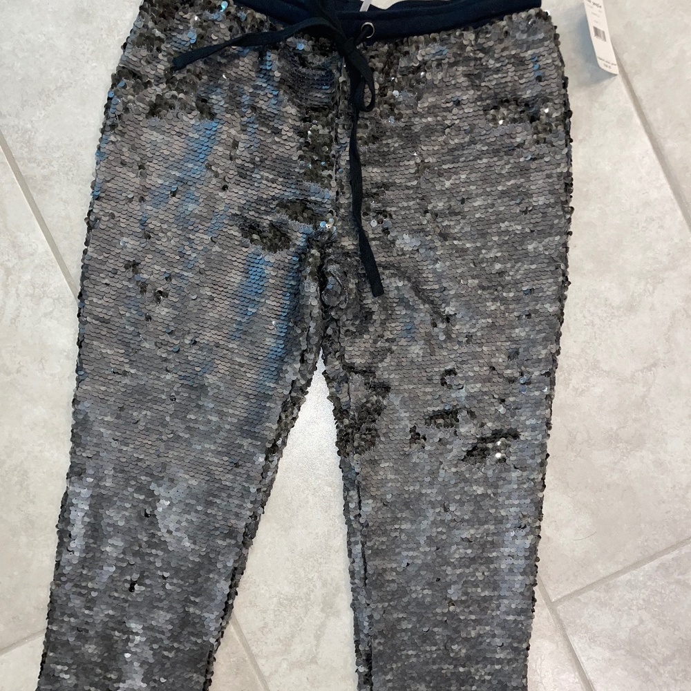 FREE PEOPLE Sequin Party Gunmetal Gray Drawstring Jogger Pants Size S - Picture 9 of 14